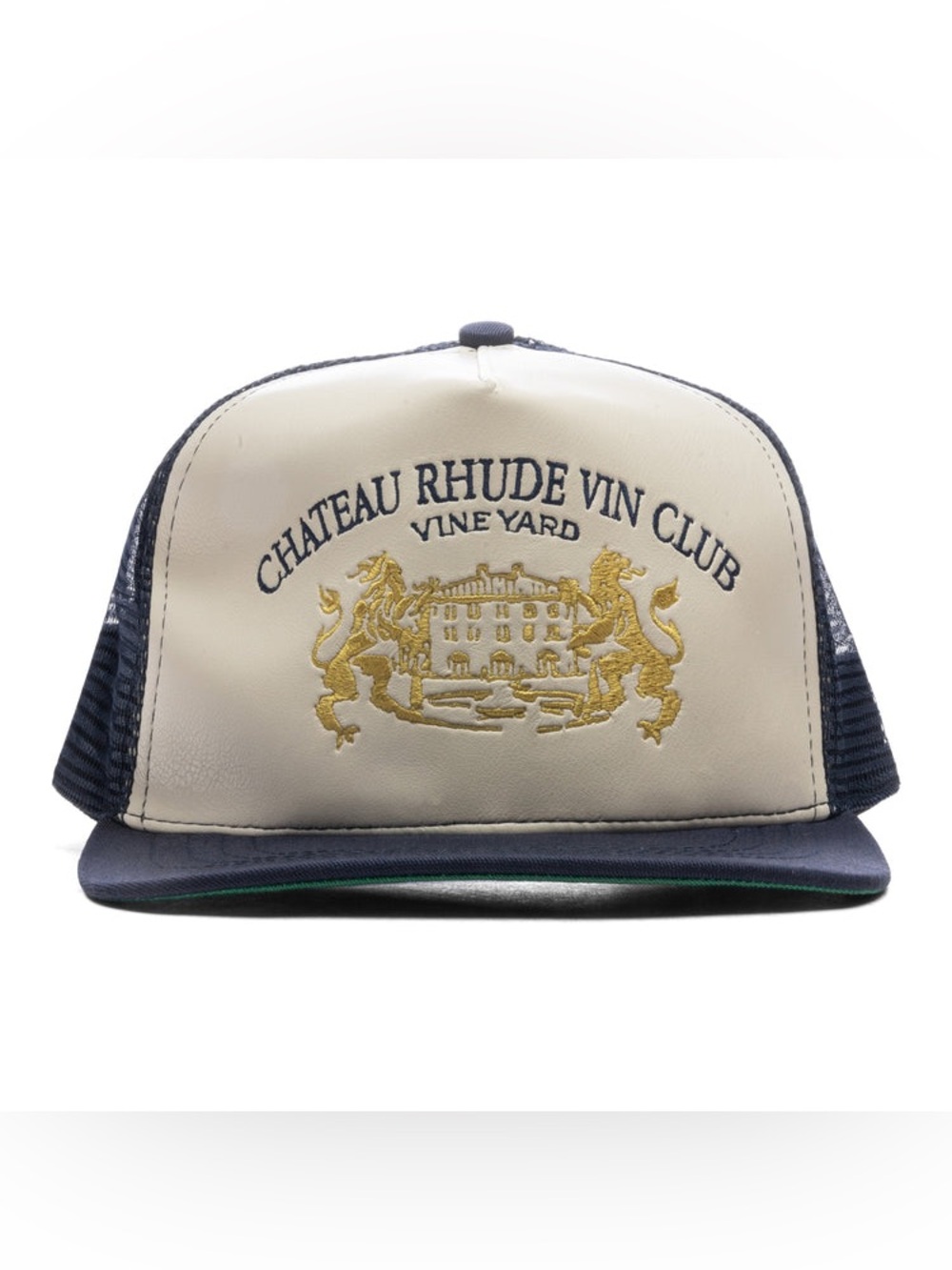 Rhude CELLIER TRUCKER HAT NAVY/CREAM Leather Front Embroidered Logo Snapback
